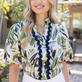 Wavy Trim Button Down Print Top