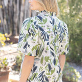 Wavy Trim Button Down Print Top