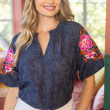 Embroidered Raglan Sleeve Floral Textured Top