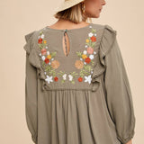 Embroidered Ruffle Shoulder Blouse - Olive