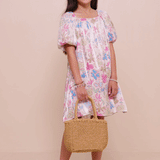 Girls Floral Puff Sleeve Foiled Dress