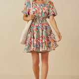 Womens Abstract Botanical Smocked Cotton Linen Dress