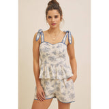 Floral Print Cotton Linen Shorts with Contrast Hem