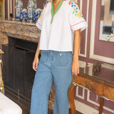 Floral Embroidered Raglan Sleeve Piping Top