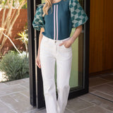 Geometric Jaquard Bubble Sleeve Striped Trim Front Top: Green