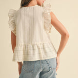 Striped Tie Front Ruffle Sleeveless Blouse