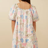 Girls Floral Puff Sleeve Foiled Dress