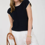 Short Sleeve Knit Navy Sweater Top with Contrast Trim
