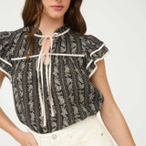 Stripe Floral Pattern Tie Front Ruffle Top
