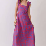 Ruffle Strap Geometric Print Midi Dress