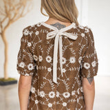 Floral Embroidered Contrast Neck Tie Detailed Top