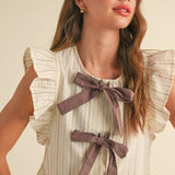 Striped Tie Front Ruffle Sleeveless Blouse