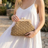 Straw Braided Wooden Frame Clutch Bag: Multiple Colors