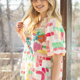 Ralley Ruffled V Neck Floral Embroidery Top