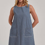 Sleeveless Stripe Denim Mini Dress with Scalloped Embroidery