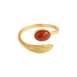 Dainty Gold Jade Agate Feather Bypass Ring: 3 Colors