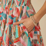 Womens Abstract Botanical Smocked Cotton Linen Dress
