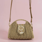 Beaded Flap Straw Top Handle Satchel Bag