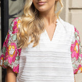 Floral Embroidered Short Bubble Sleeve Top