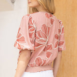 Contrast Band Detailed Floral Embroidery Top: Pink