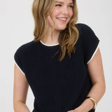 Short Sleeve Knit Navy Sweater Top with Contrast Trim