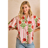 Stripe Flower Printed Woven Bubbled Sleeves Button Blouse