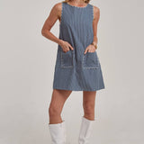 Sleeveless Stripe Denim Mini Dress with Scalloped Embroidery
