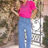 Ruffle Detailed V Neck Floral Embroidered Solid Top