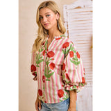 Stripe Flower Printed Woven Bubbled Sleeves Button Blouse