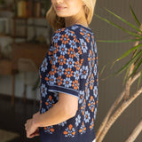 Short Puff Sleeve Floral Abstract Knit Top