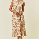 Paisley V-Neck Smocked Waist Front Zip Midi Dress | Taupe