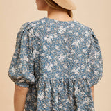 Bow Accent Floral Top - Deep Sea Blue