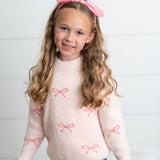 Girls Pink Bow Fuzzy Crew Neck Coquette Fall Winter Sweater