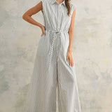 Striped Pattern Jumpsuit with Button Down