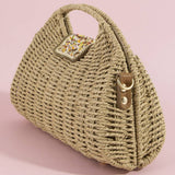 Beaded Flap Straw Top Handle Satchel Bag