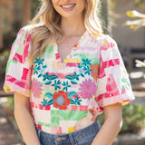 Ralley Ruffled V Neck Floral Embroidery Top