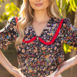 Frill Wide Collar Button Down Floral Top