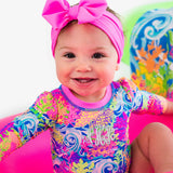 Baby Girls Neon Ocean Coral Long Sleeve One Piece Rash Guard Swimsuit with Signature Rear Ruffles