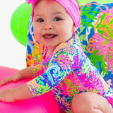 Baby Girls Neon Ocean Coral Long Sleeve One Piece Rash Guard Swimsuit with Signature Rear Ruffles