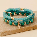 Cross Charm Wood Stone And Glass Beaded Bracelet Set: White