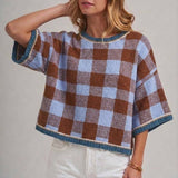Fall Checkered Gingham Drop Shoulder Sweater Top