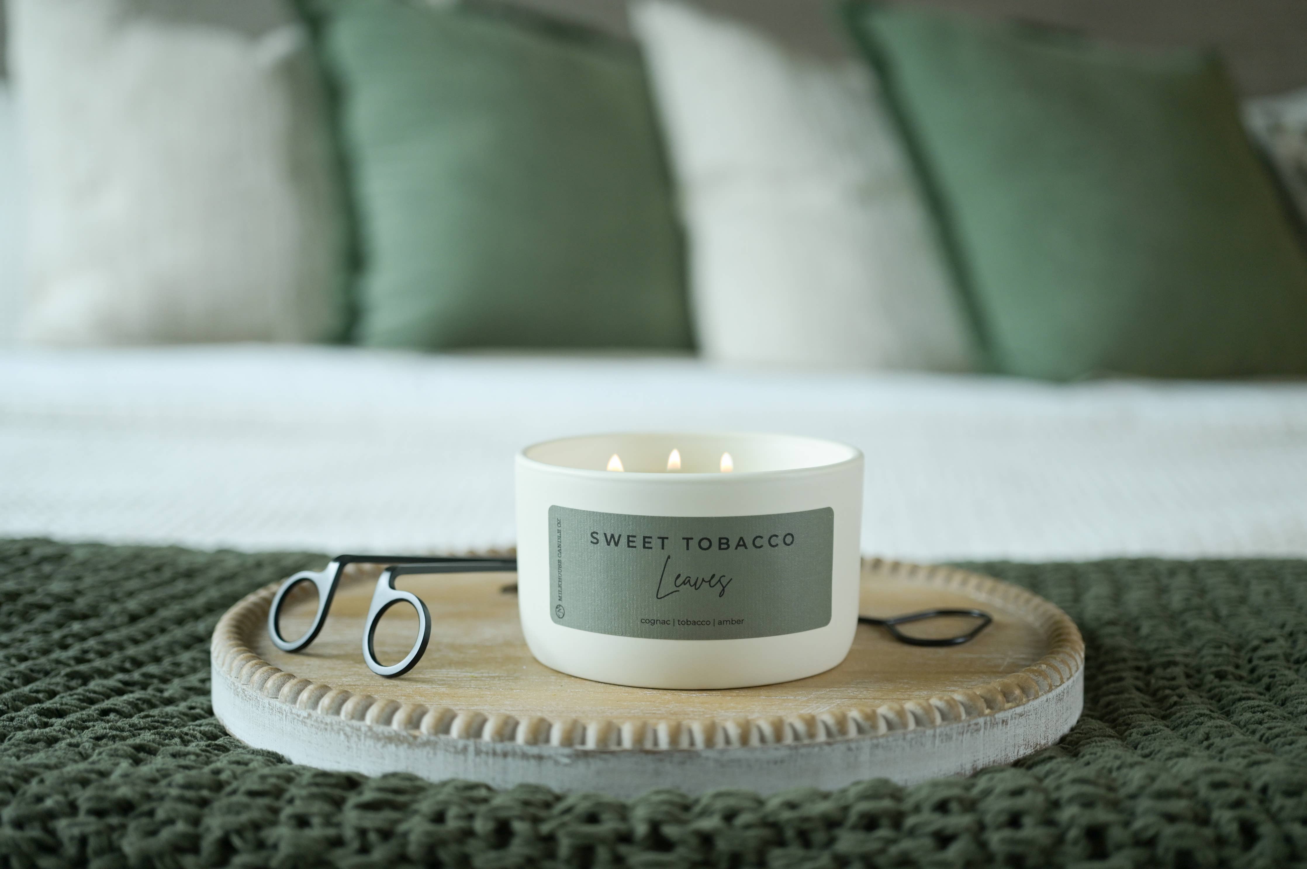 tobacco leaf and amber candle + Bay - Natural Soy Candle 50 Hour Burn this candle features a printed frosted glass design with a 2 Natural Scented Soy TOBACCO LEAF