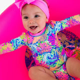Baby Girls Neon Ocean Coral Long Sleeve One Piece Rash Guard Swimsuit with Signature Rear Ruffles