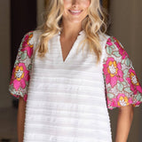 Floral Embroidered Short Bubble Sleeve Top