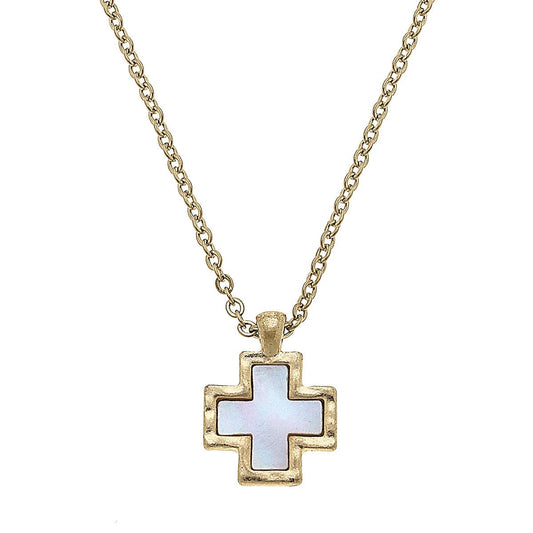 Bethany Cross Mother of Pearl Necklace in Worn Gold