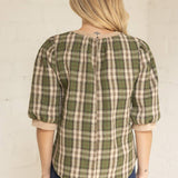 Suede Accent Banded Crinkled Plaid Top
