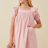 Girls Patch Pocket Square Neck Ruffled Dress