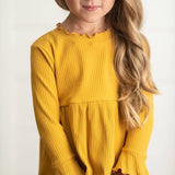 Kids Mustard Long Sleeve Lettuce Trim Ribbed Fall Shirt