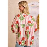 Stripe Flower Printed Woven Bubbled Sleeves Button Blouse