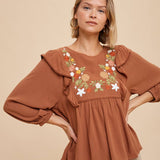 Embroidered Ruffle Shoulder Blouse - Olive